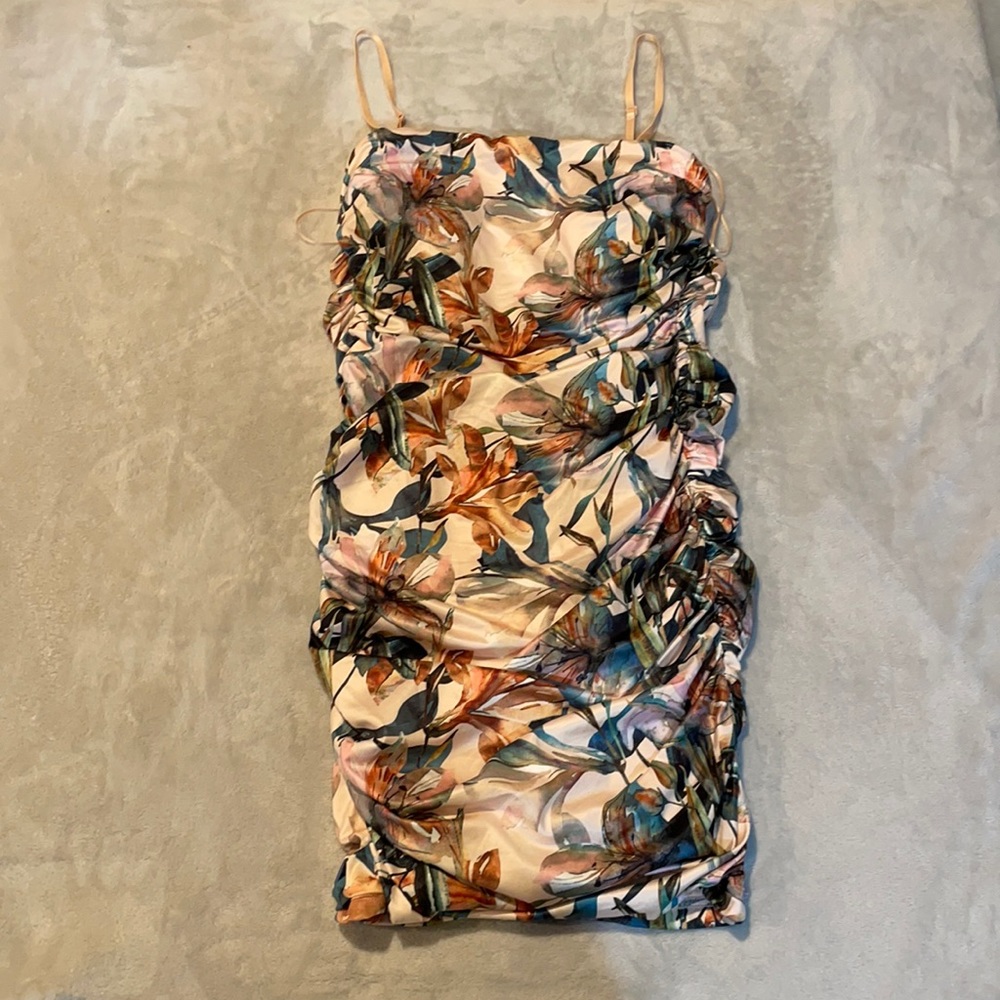 Satin rouched palm print dress. Never worn